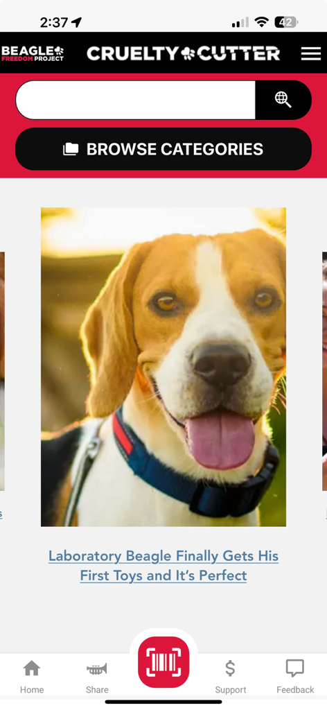 Cruelty Cutter - Cruelty Cutter app interface featuring a beagle photo and a central barcode scanner button