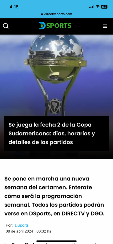 DSports news article about Copa Sudamericana match schedules with trophy image