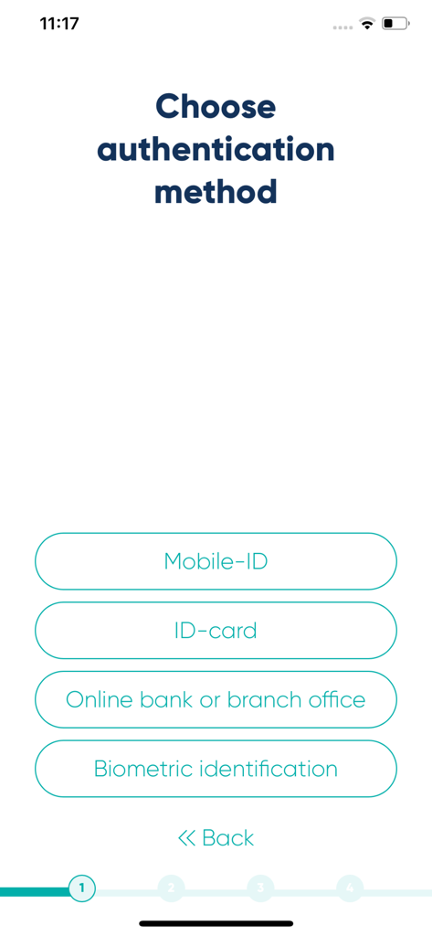 Smart-ID - Smart-ID app screen displaying options to choose an authentication method including Mobile ID, ID card, online bank, and biometric identification.