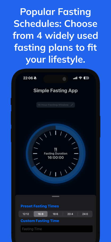 Simple Fasting App interface showing popular intermittent fasting schedules and a circular timer in dark mode.