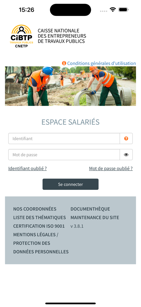 CNETP Salarié - Page de connexion de l'application CNETP Salarié pour les employés français des travaux publics