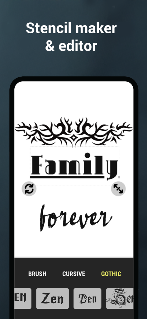 Mobile app interface of Tattoo Font Designer showing a stencil maker with tribal graphics and custom typography for the words Family Forever.