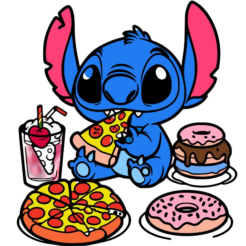 stich eating pizza and donuts