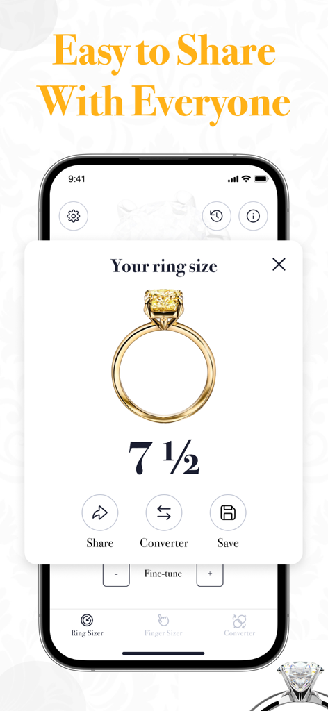 Mobile interface of Ring Sizer app showing a ring size measurement result of 7.5 with a share button