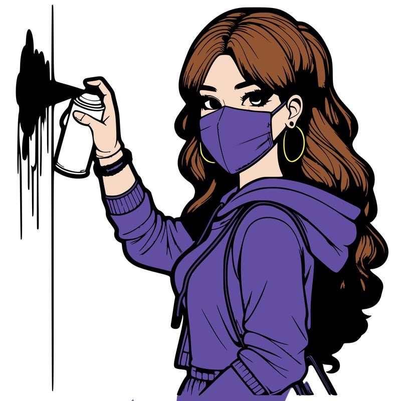 realistic girl with mask spray painting a wall