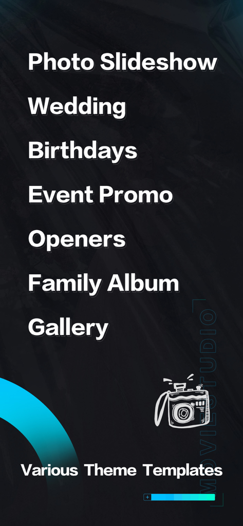 Slideshow Creator -MovieStudio - A list of video theme templates in the MovieStudio app including categories for Wedding Birthdays and Family Albums.