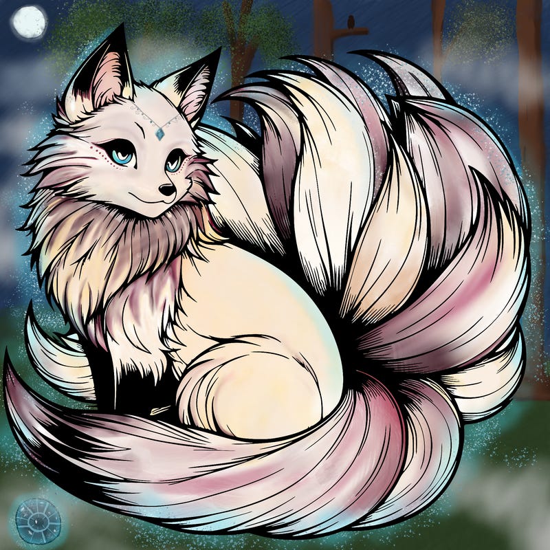 realistic detailed 9 tailed anime fox