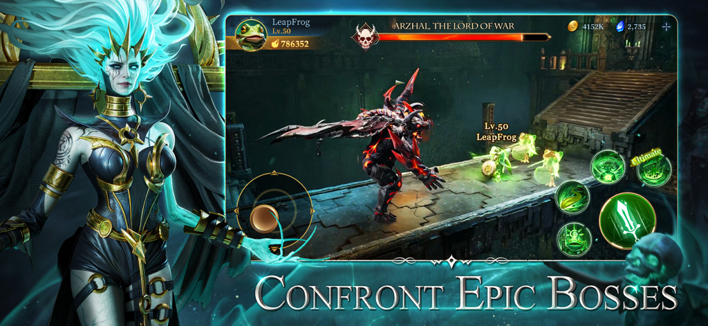 Ever Legion - Ever Legion gameplay screenshot showing a hero level fifty confronting a massive winged boss named Arzhai the Lord of War