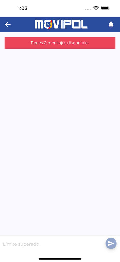 Interface of the Movipol app showing a message inbox with a red notification banner and zero messages available.