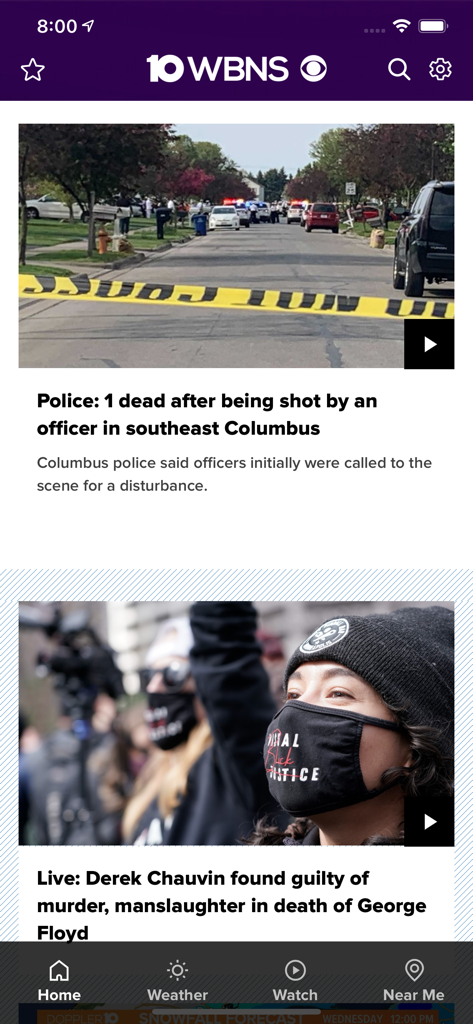 10TV WBNS Columbus, Ohio - Interface of the 10TV WBNS Columbus news app featuring local headlines and a navigation menu