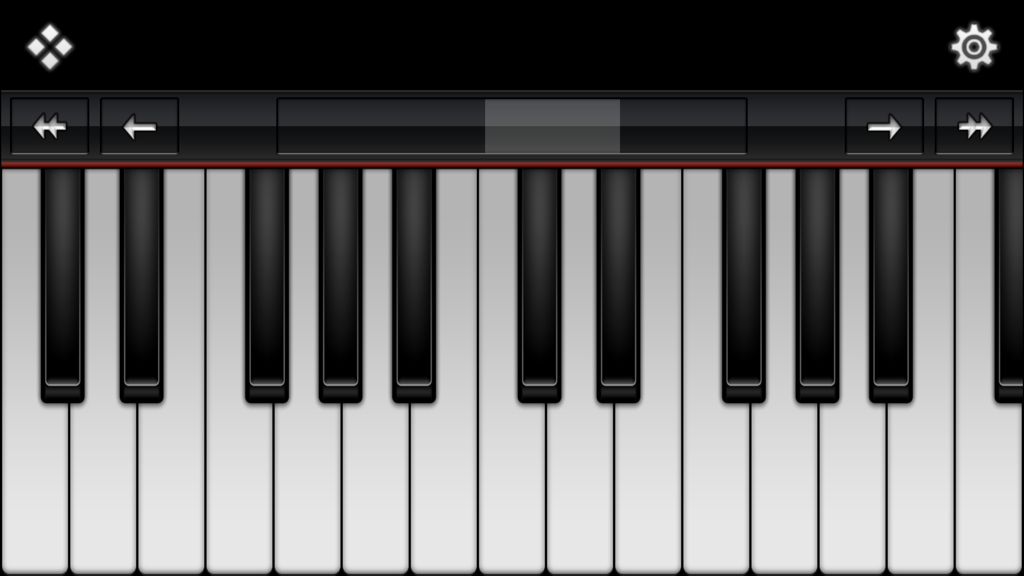 Interfaz de la aplicación Virtuoso Piano Free 3 que muestra un teclado de piano digital con botones de control