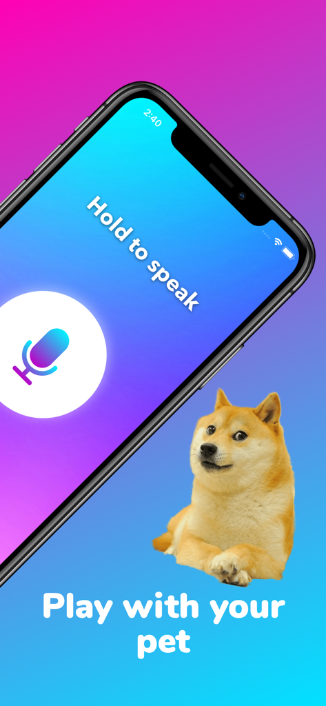 DogSpeak: The Dog Translator - 마이크 버튼과 '반려동물과 놀기'라는 문구가 있는 시바견이 있는 DogSpeak 앱 인터페이스