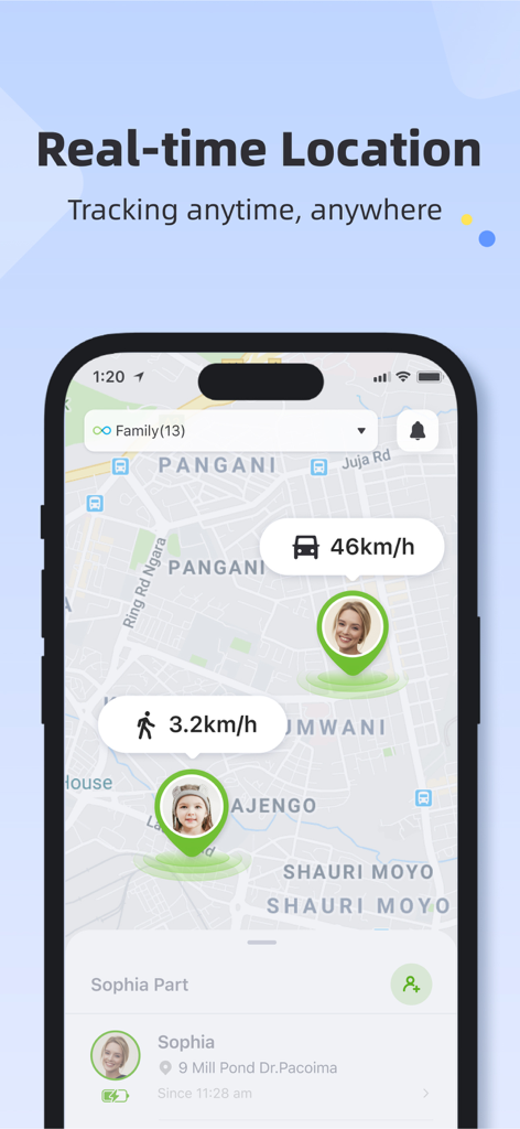 Geonection - Location Tracker - Geonection app interface showing real time family locations and travel speeds on a map