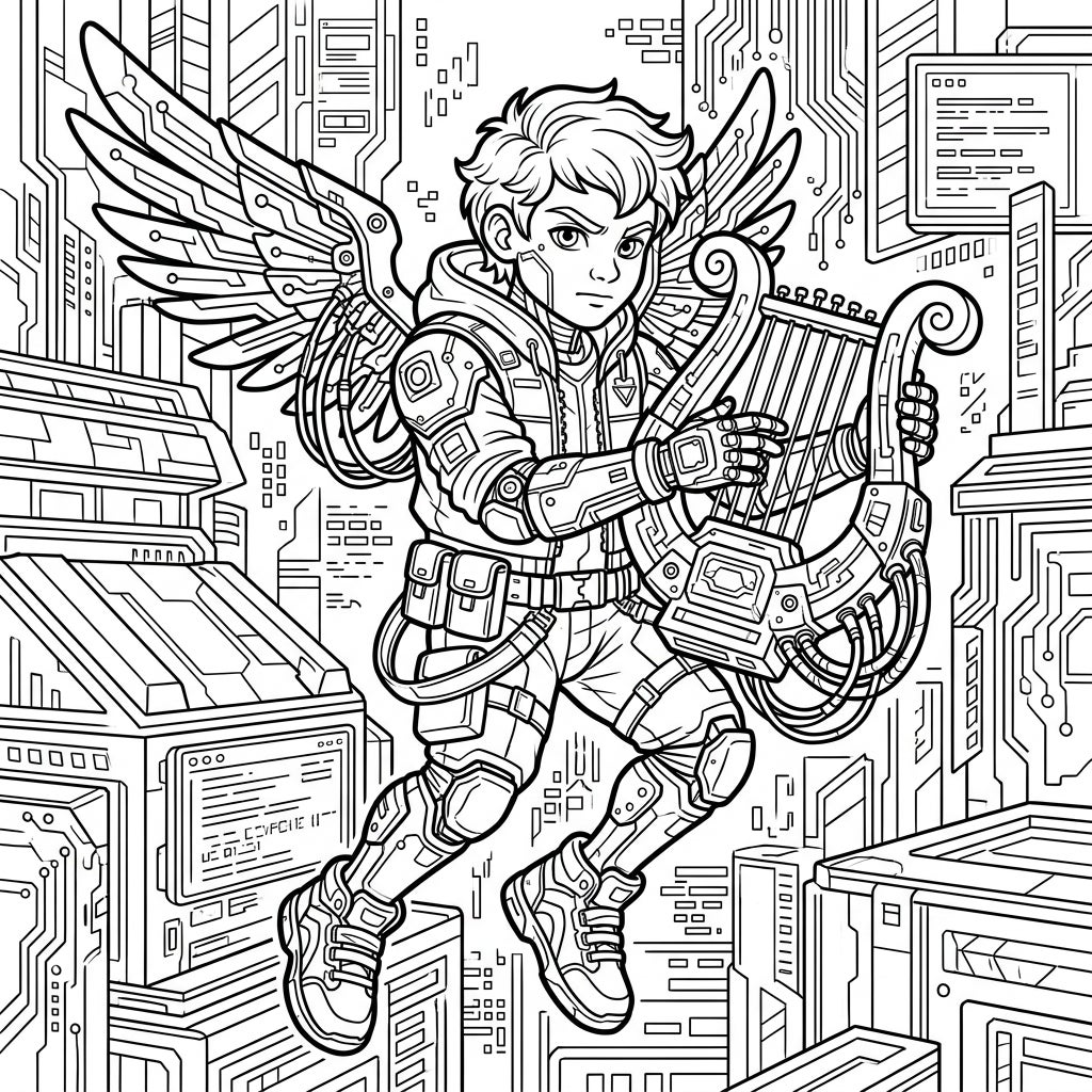 Cyberpunk Cupid with Lyre Coloring Page - Futuristic Art — Color Pop