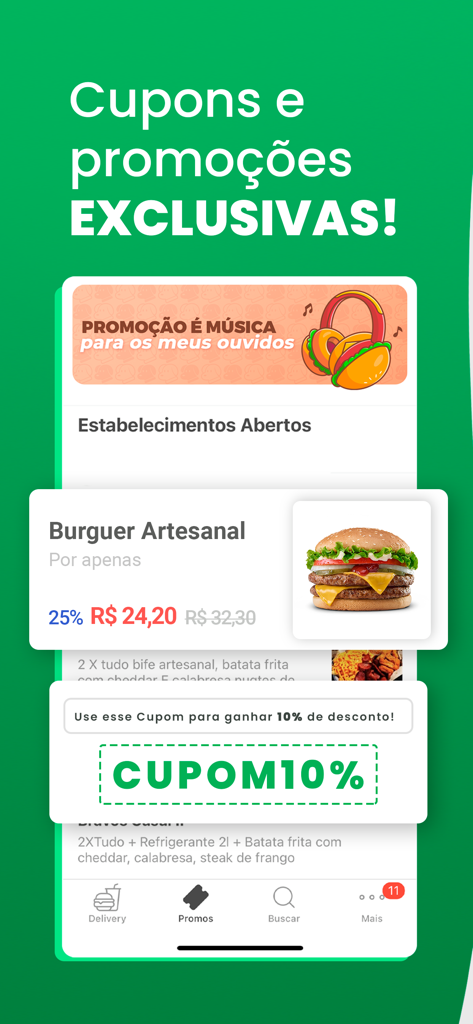 Bigou Delivery - Tela do aplicativo Bigou Delivery com cupons de desconto exclusivos e uma promoção de hambúrguer artesanal