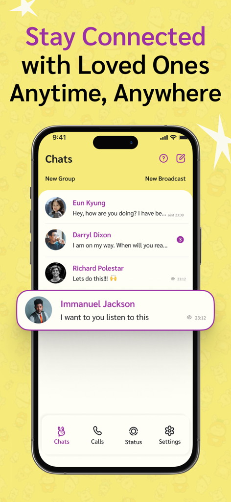 Video Chat — Tokee - Tokee messaging app interface showing a list of chats on an iPhone with a colorful yellow background.