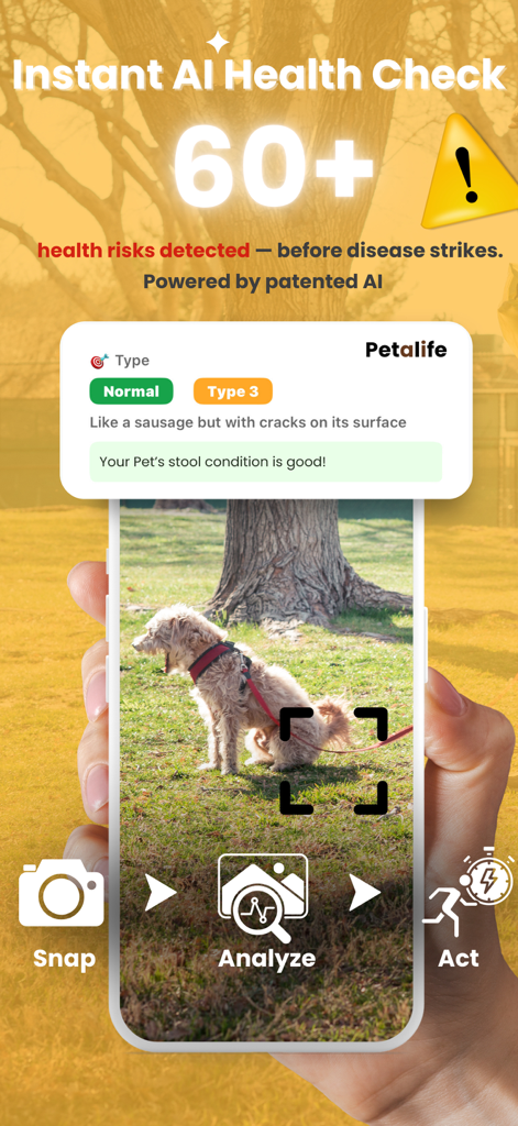 Petalife App zeigt eine sofortige KI-Gesundheitsprüfung und Stuhlanalyse für einen Hund an