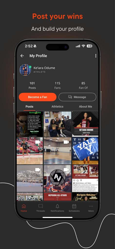 Sports Thread - A mobile screen showing an athlete profile on the Sports Thread app with social posts and fan statistics.