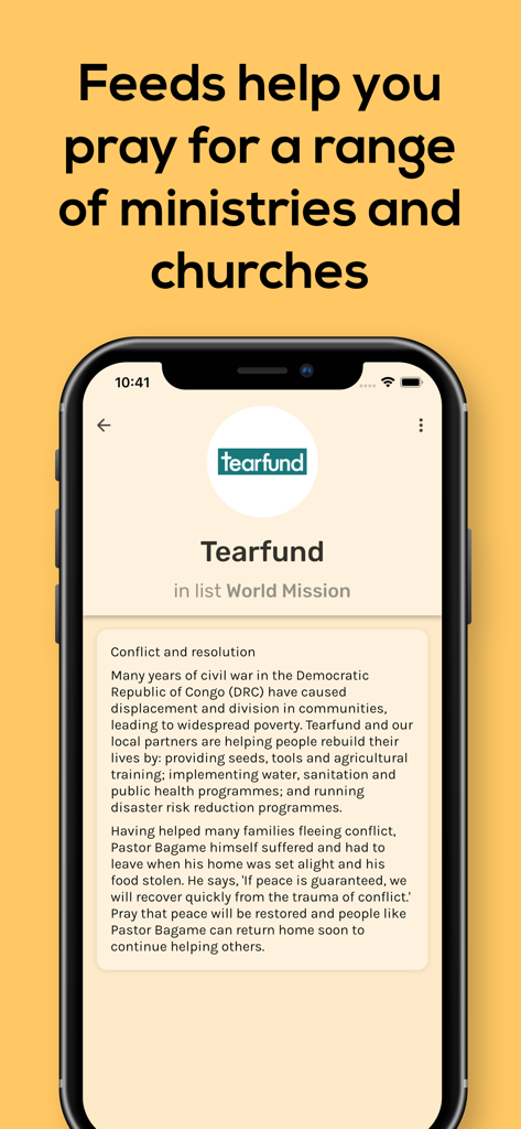 PrayerMate - Christian Prayer - Smartphone screen showing a prayer request from the Tearfund ministry feed within the PrayerMate app.