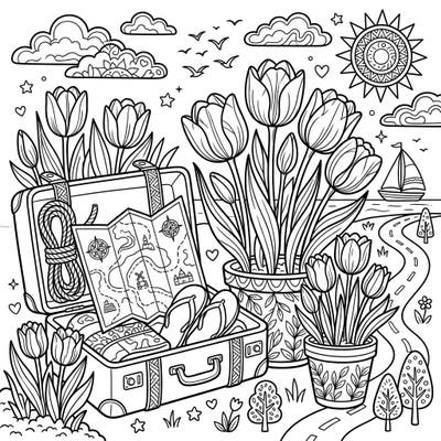 Get ready for an exciting journey with this vibrant Red Tulips Vacation coloring page! Kids will love bringing this delightful scene of travel and beautiful flowers to life.