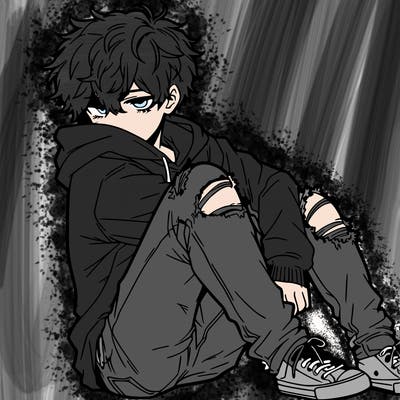 a male hoddie ripped jeans messy hair anime