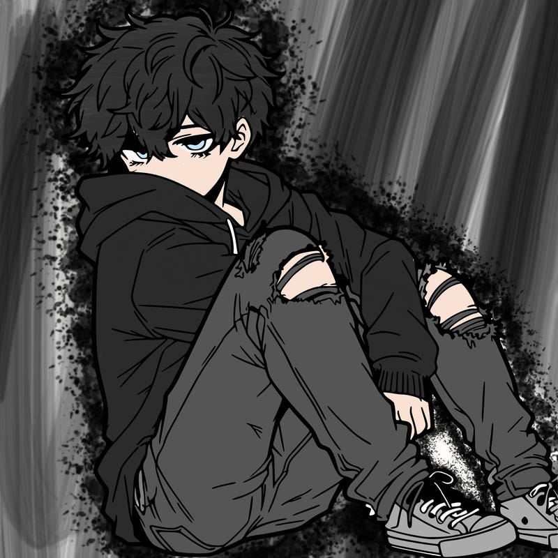 a male hoddie ripped jeans messy hair anime