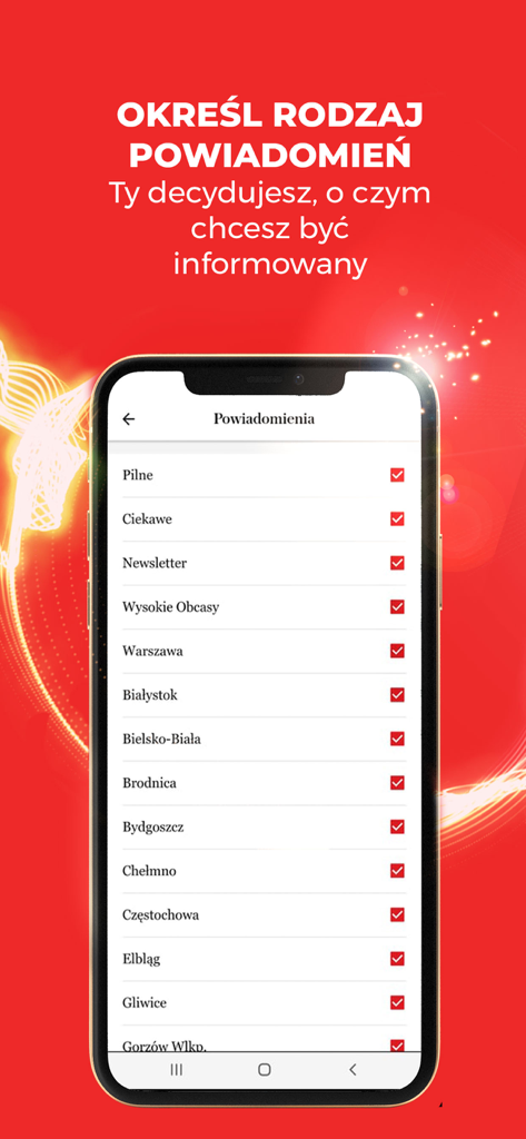 WYBORCZA: fakty, newsy, opinie - 緊急ニュースと地域アップデートのオプションが表示されたWyborczaニュースアプリの通知設定を示すスマートフォンの画面。