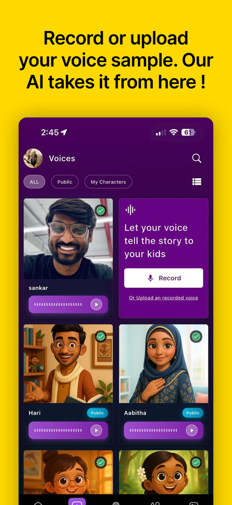 OhoKids - Stories & Learning - OhoKids app interface showing the AI voice recording feature and character selection for personalized storytelling