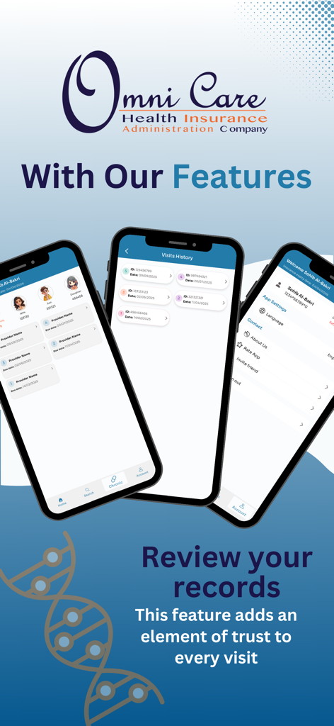 Mobile app screens for Omni Care health insurance management showing visit history and user records