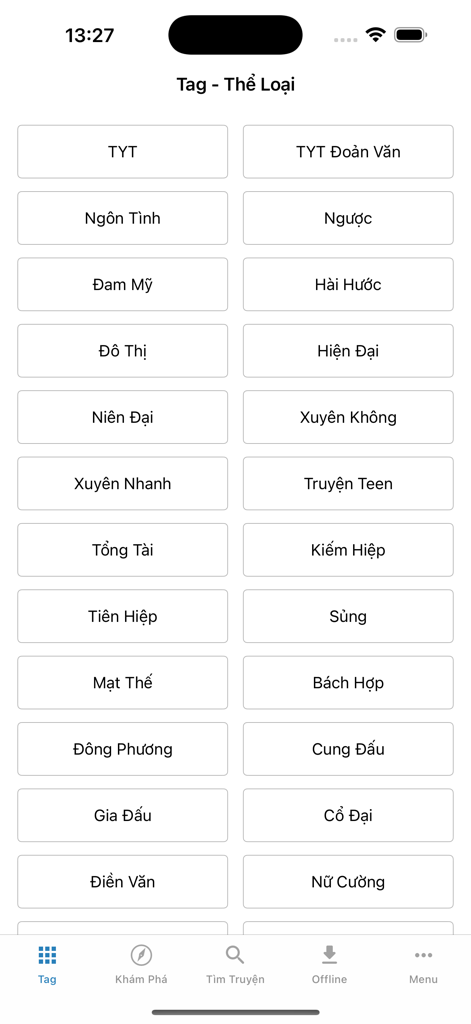Genre and category selection screen for Vietnamese web novels in the TYT app
