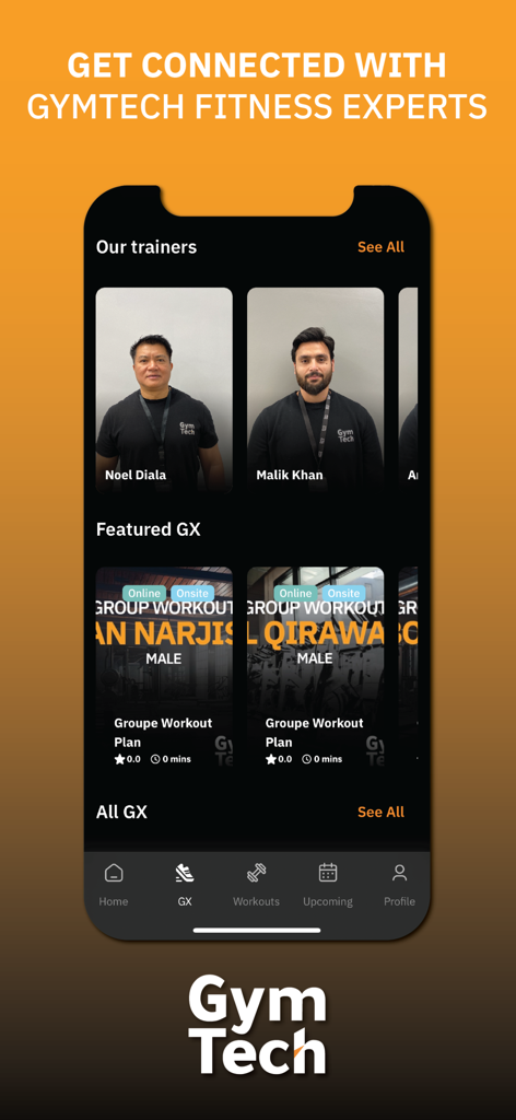 GymTech - GymTech mobile app interface displaying a list of fitness trainers and featured group workout plans.