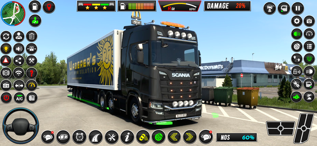 Captura de pantalla del juego de un camión Scania negro y los controles del salpicadero en Euro Truck Driving Truck Games
