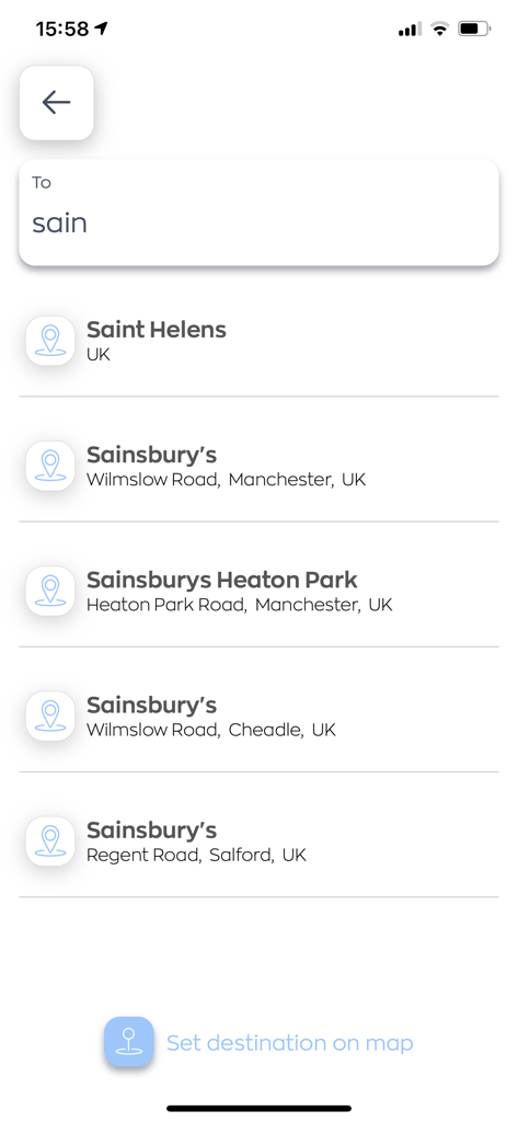 Yellow Cabs taxi app destination search screen with location suggestions