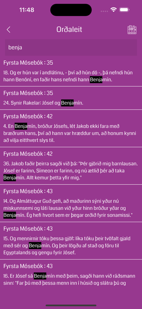 The search results screen of the Icelandic Bible mobile app showing verses in Icelandic.