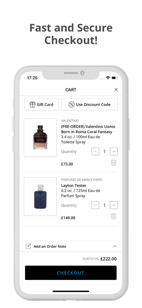 Fragrance Nevaeh - Shopping cart interface of Fragrance Nevaeh app featuring luxury perfumes and checkout button