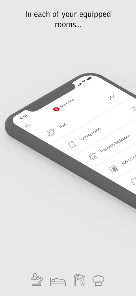 VELUX ACTIVE with NETATMO - Smartphone displaying the VELUX ACTIVE app interface with a list of rooms for home automation control.