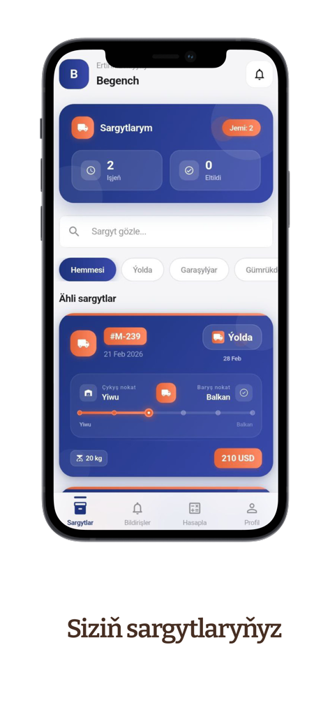 Cargo MB Express - Cargo MB Express mobile app dashboard showing shipment tracking from Yiwu to Balkan in Turkmen language