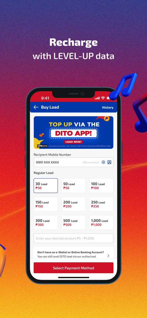 Interface of the DITO app showing the buy load screen with various top up amounts for Philippine mobile numbers