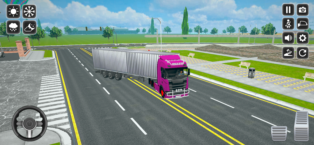 Truck Cargo Driving Simulator - A purple semi truck driving on a city road with realistic game controls on screen