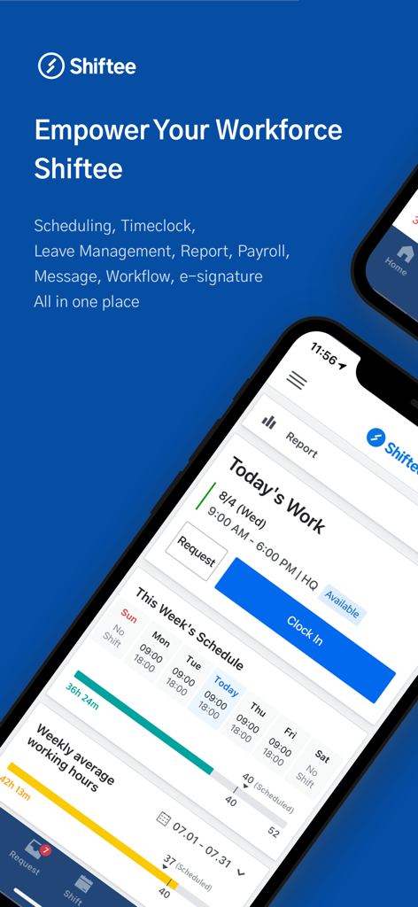 Shiftee mobile app interface showing clock in button and weekly shift schedule