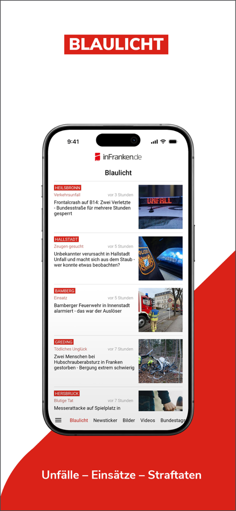 Un smartphone mostrando la sección de noticias de emergencia Blaulicht de la aplicación de noticias locales inFranken.de con informes sobre accidentes locales e incidentes policiales.