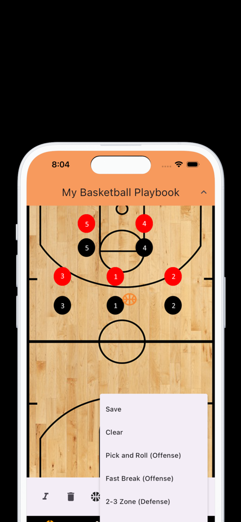 Libro de jugadas de baloncesto digital que muestra posiciones de jugadores y opciones de jugadas en una cancha.