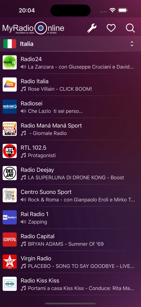 Un elenco di stazioni radio italiane nell'app My Radio Online che mostra programmi in diretta e canzoni