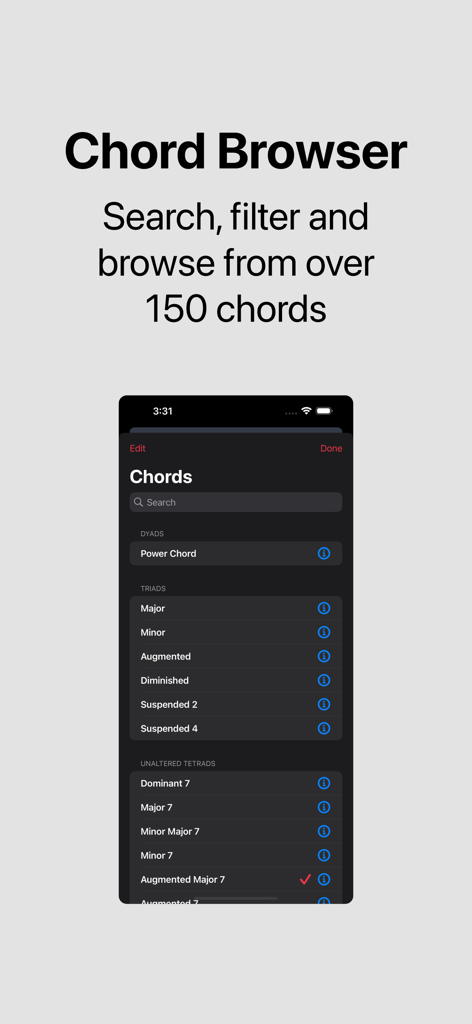 Nota - Chords & Scales Piano - Eine mobile Oberfläche der Nota-App, die den Akkordbrowser mit einer Liste verschiedener Musikakkorde zeigt, kategorisiert nach Dyaden und Triaden.