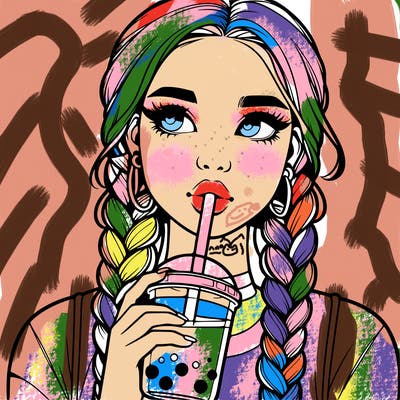 realistic girl with braided hair drinking boba