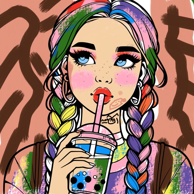 realistic girl with braided hair drinking boba