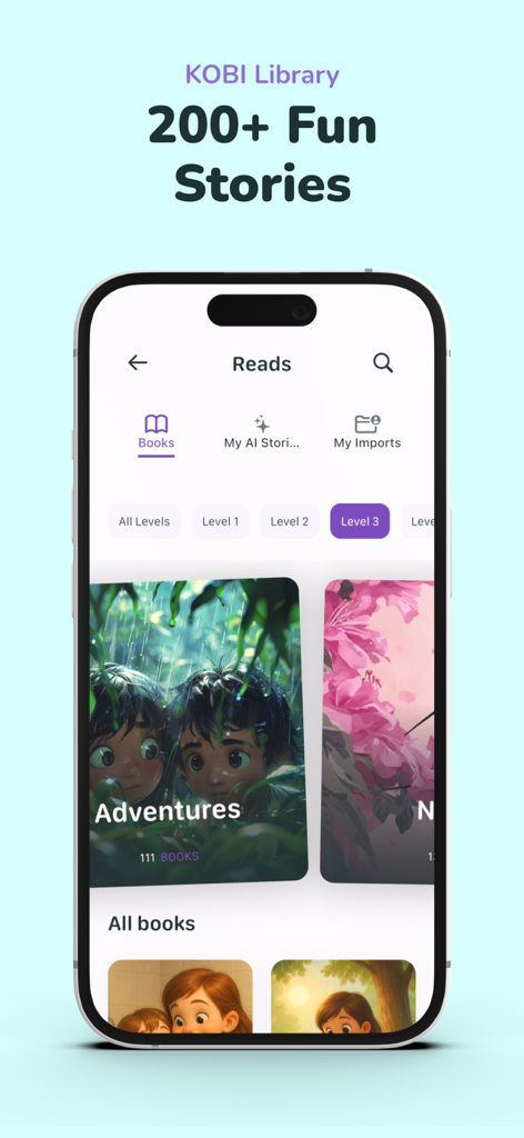 KOBI - Happy Reading - KOBI Lese-App-Oberfläche zeigt eine Bibliothek mit über 200 unterhaltsamen Geschichten mit anpassbaren Lesestufen