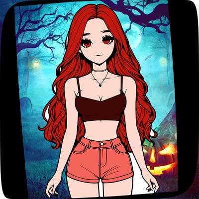 a realistic girl with long hair and in a crop top and shprts