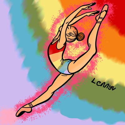 gymnast doing a leap in a leotard with a bent back leg