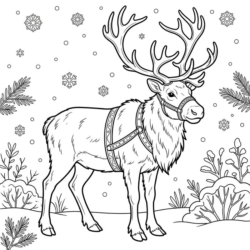 Embrace the serene beauty of winter with this domestic reindeer coloring page, thoughtfully designed for seniors. Its clear outlines and festive details offer a delightful and relaxing coloring experience.